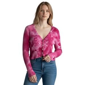 Aerie Medium Crop Top Handmade Tie Dye Long Sleeve‎ Hot Pink Knit Preppy 1025